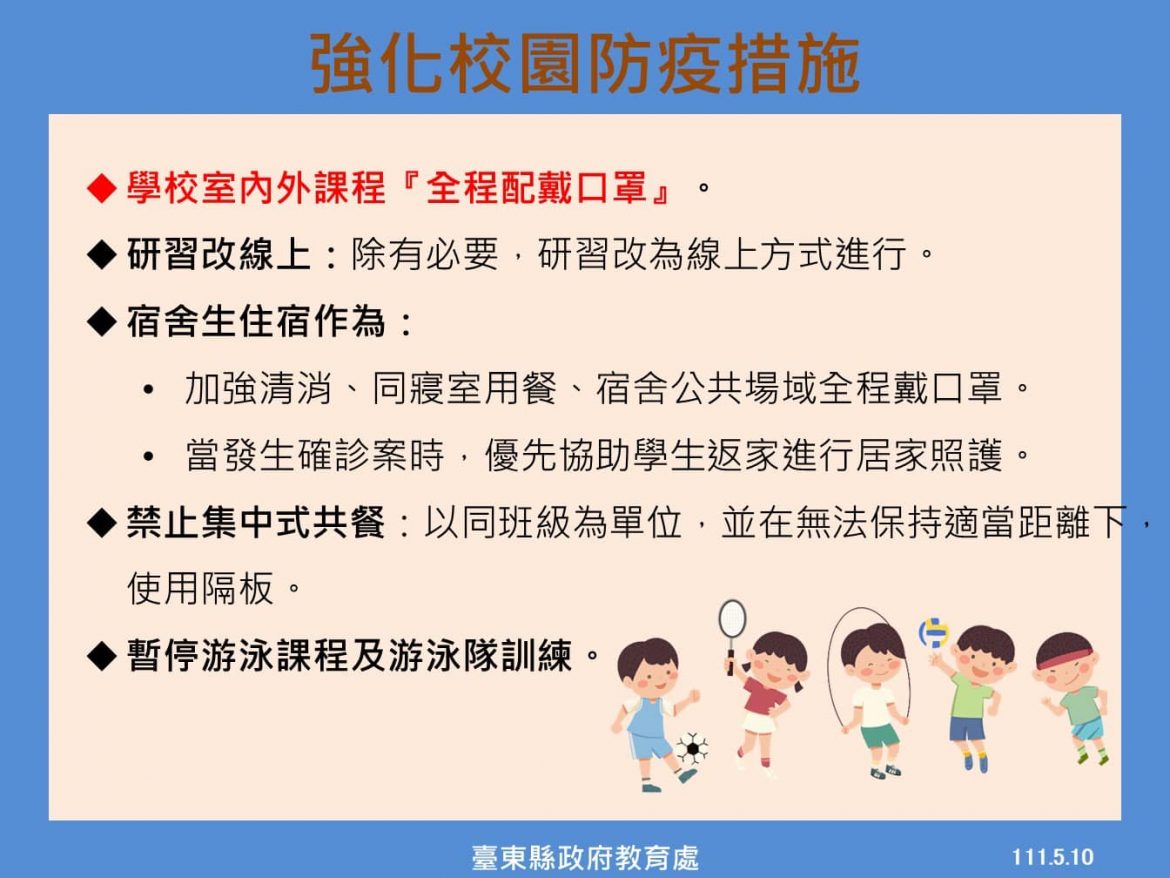 新冠肺炎確診案例逐日攀升  台東縣政府10日起加強校園防疫