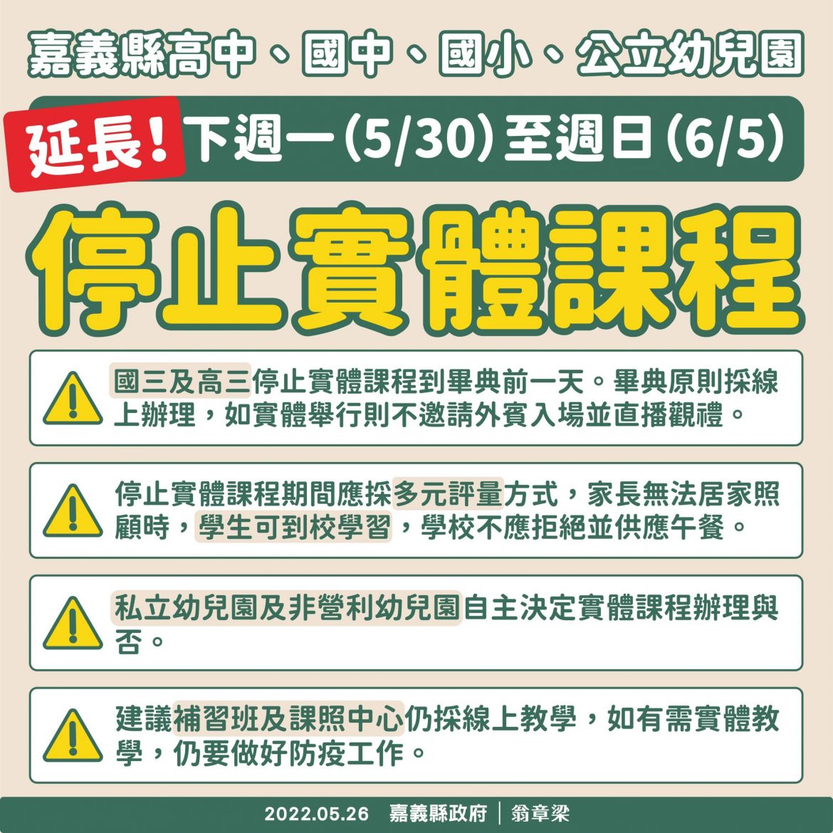 嘉義縣高中以下學校遠距教學延長到6月5日