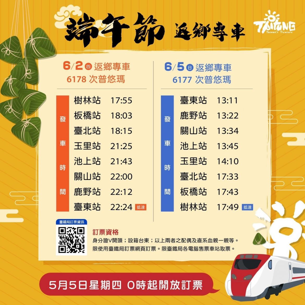 臺東縣府加開端午節返鄉專車  臺鐵系統5日開賣車票