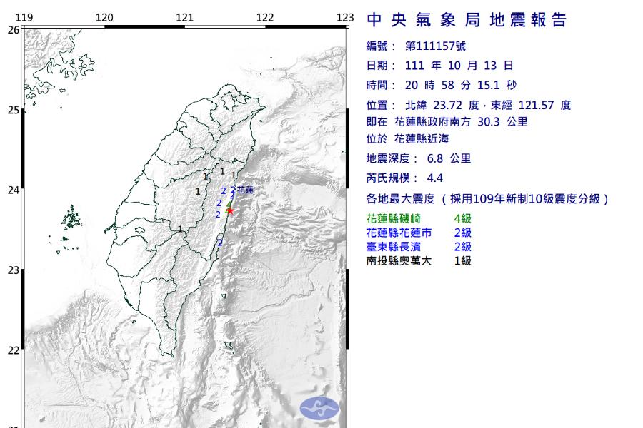 地牛翻身！花蓮20：58規模4.4地震　震源深度僅6.8km