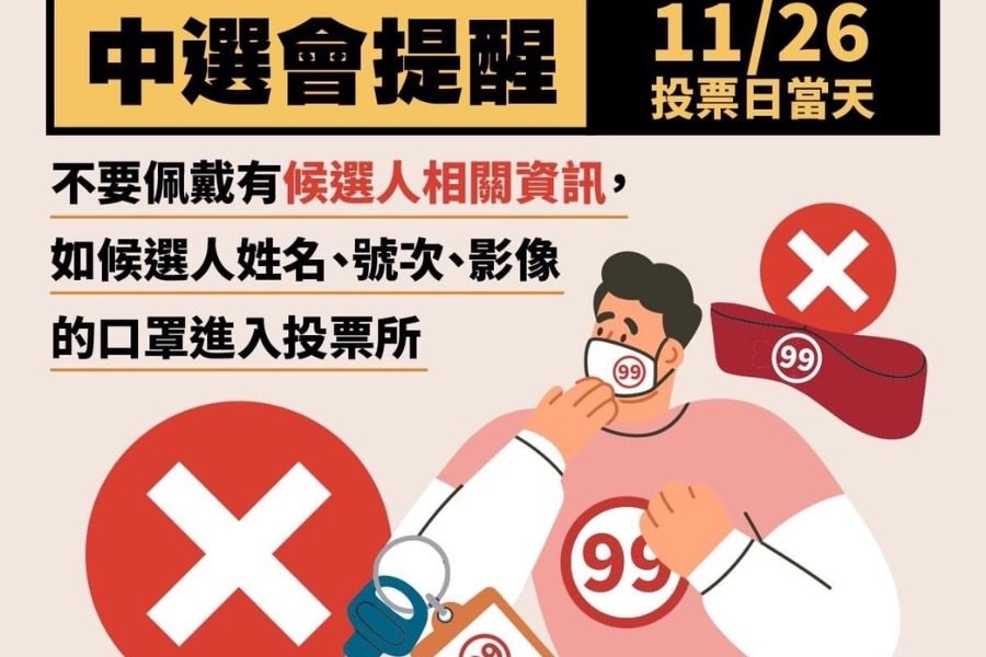 中選會提醒：11/26不可佩戴有候選人姓名、號次、影像口罩　進入投票所