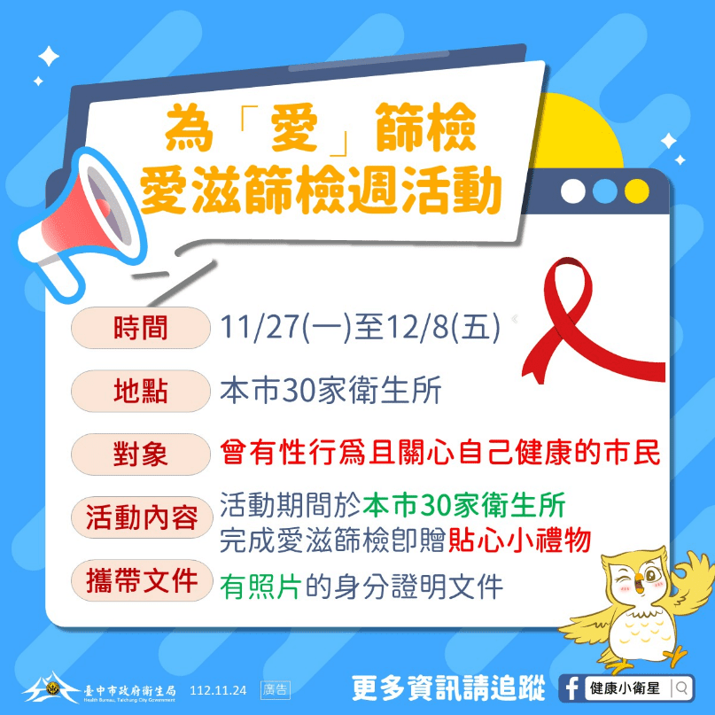 響應世界愛滋病日　中市30家衛生所篩檢愛滋贈好禮