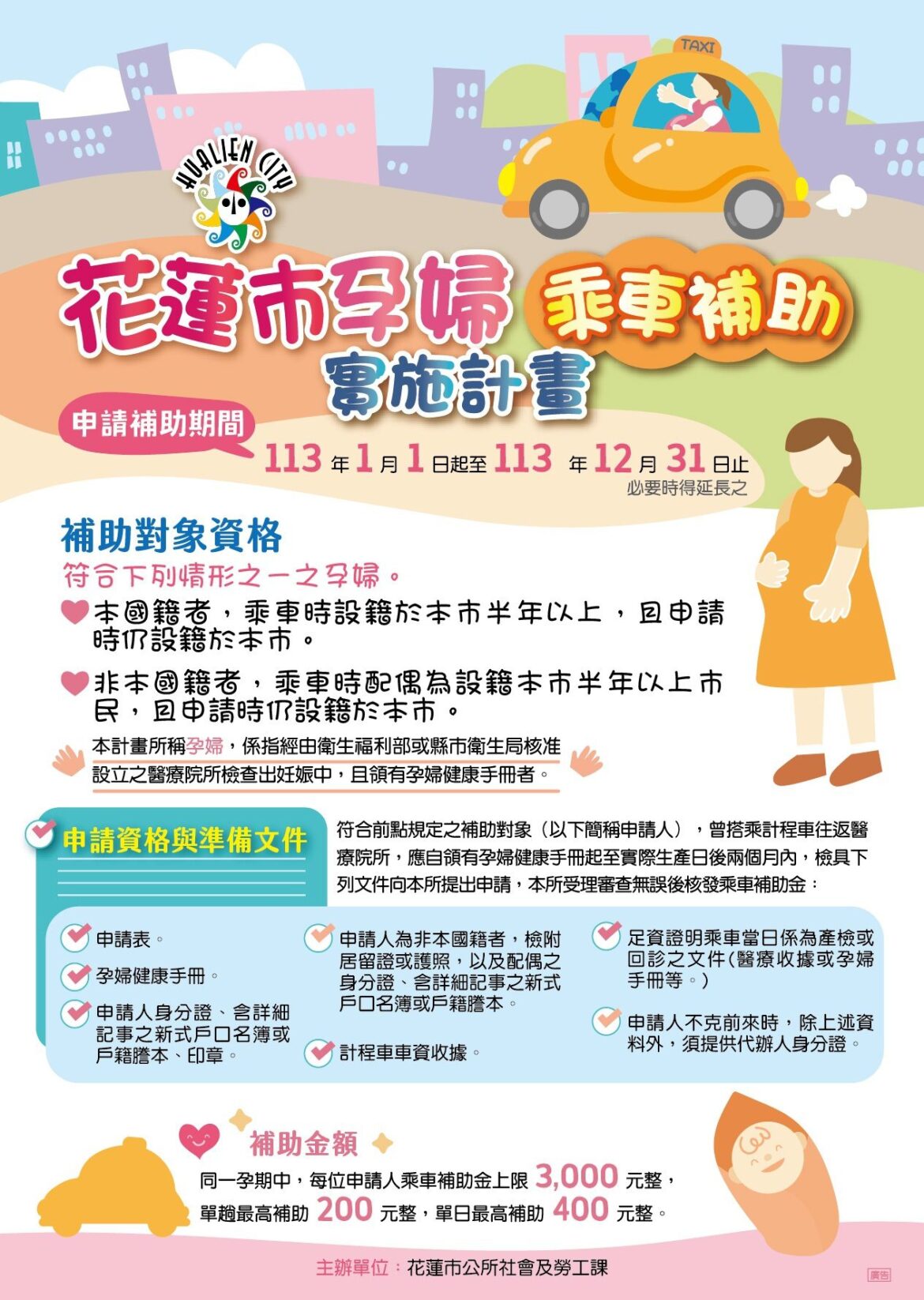 減輕孕婦產檢交通負擔  花蓮市首創孕婦計程車補助