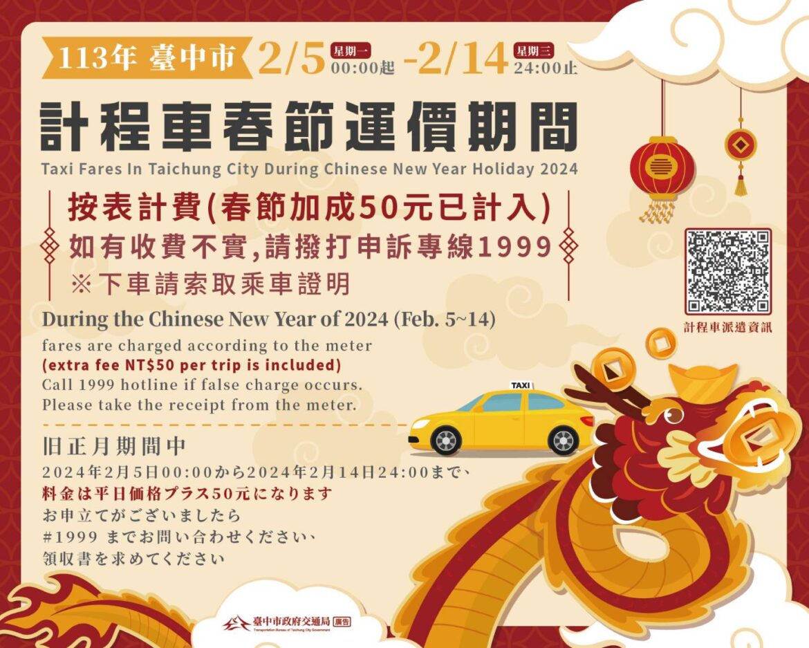 2/5起啟動春節模式　中市計程車每趟次加收50元