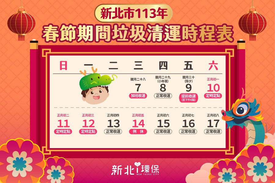 新北市環保局春節期間垃圾收運安排公告