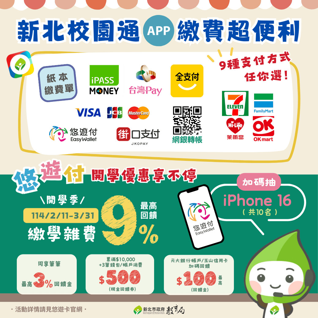 開學省錢攻略     用「新北校園通APP」繳費     享9%回饋+抽大獎