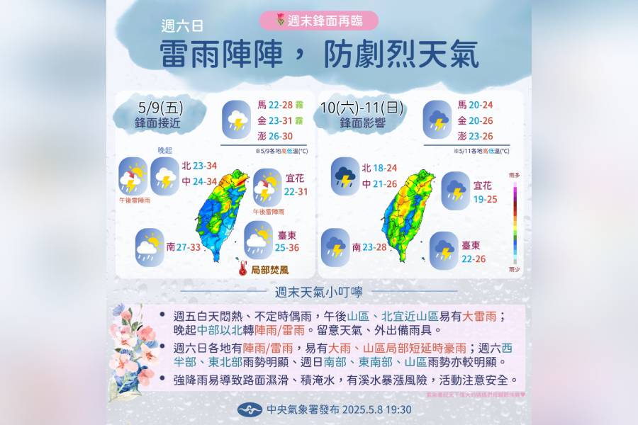 母親節周末天氣出爐 鋒面報到慎防雷雨來襲