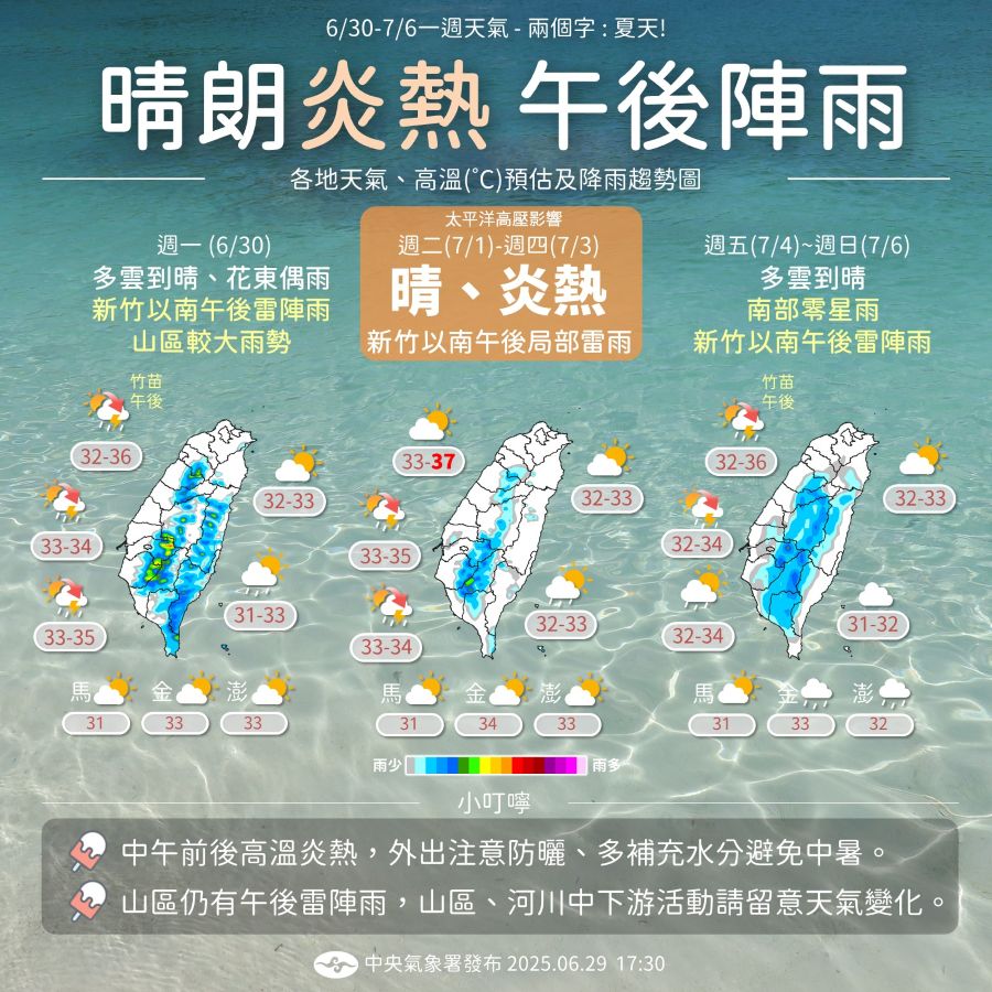 一圖看一周天氣 「典型夏季天氣」高溫飆37度+午後雷陣雨