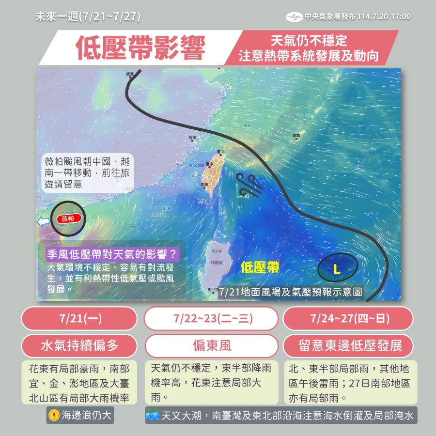 低壓帶影響未來一周水氣都偏多 新熱帶系統發展中