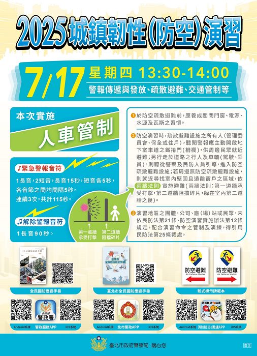 2025城鎮韌性(防空)演習首次舉行　臺北市全市實施人車交通管制