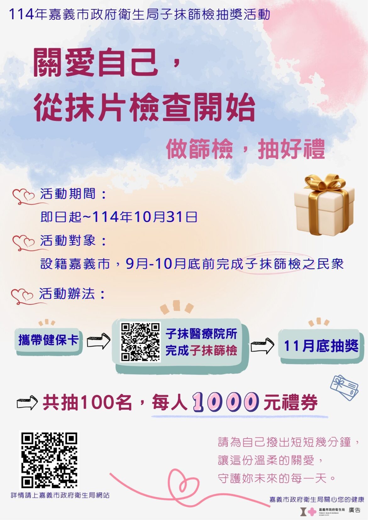 25歲以上婦女限定！嘉義市抹片檢查抽百名千元禮券