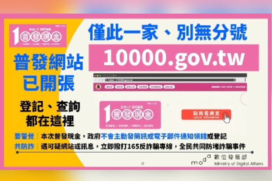 普發1萬認明10000.gov.tw官網 數發部：切勿點擊任何可疑連結