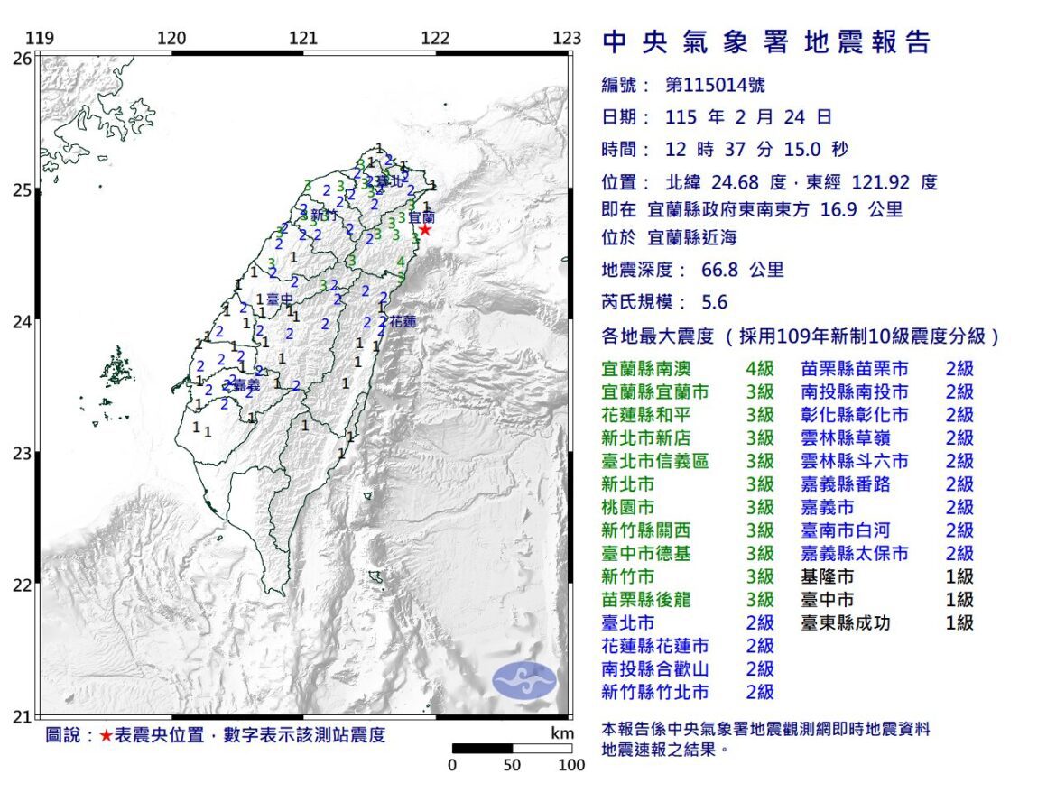 國家警報響!24日中午12:37發生規模5.6地震  最大震度4級在宜蘭