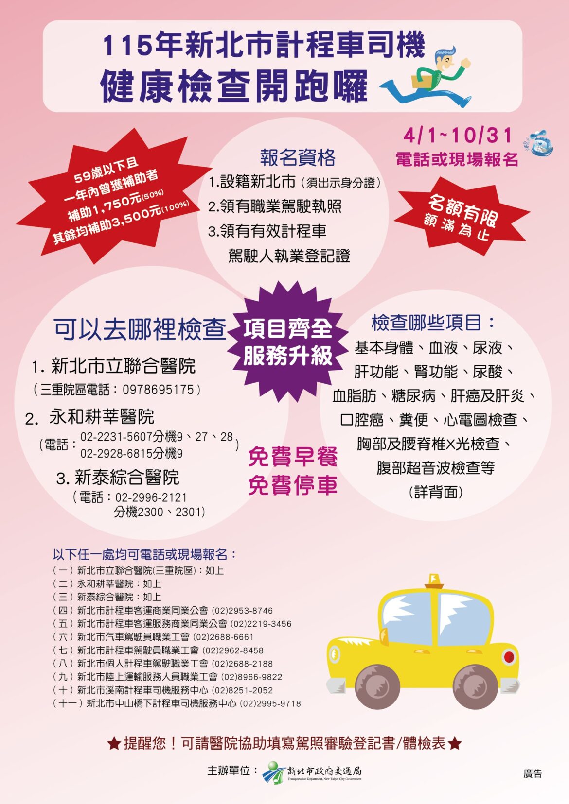照顧運將有一套！新北交通局 4/1 起推計程車健檢     三家指定醫院同步受理