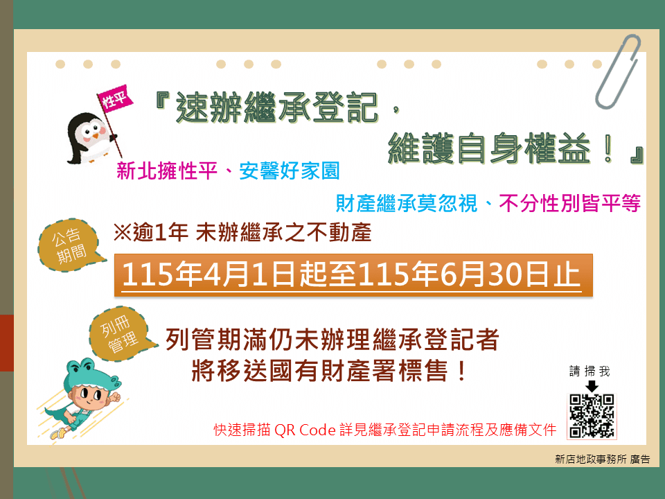 別讓權益睡著了！115 年新店等五區未辦繼承登記名單出爐     6/30 前儘速申辦