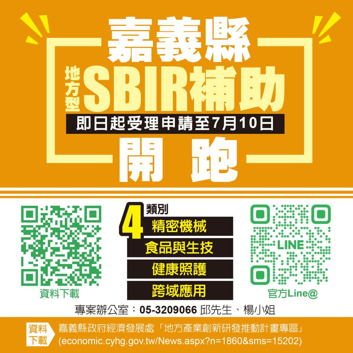 嘉義縣地方型SBIR徵件啟動　最高補助100萬元助攻企業創新升級