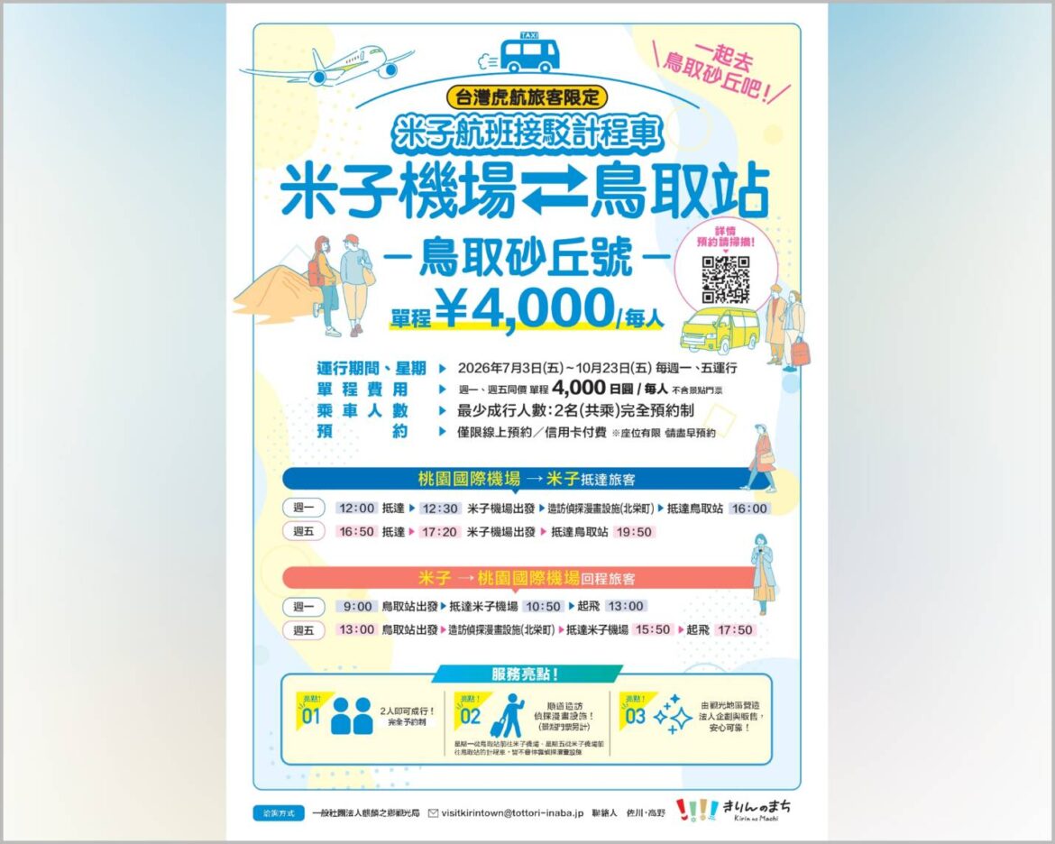 鳥取自由行交通再升級  台灣虎航旅客專屬接駁7月啟  大阪出發千元日圓、伴手禮直送台灣同步優惠